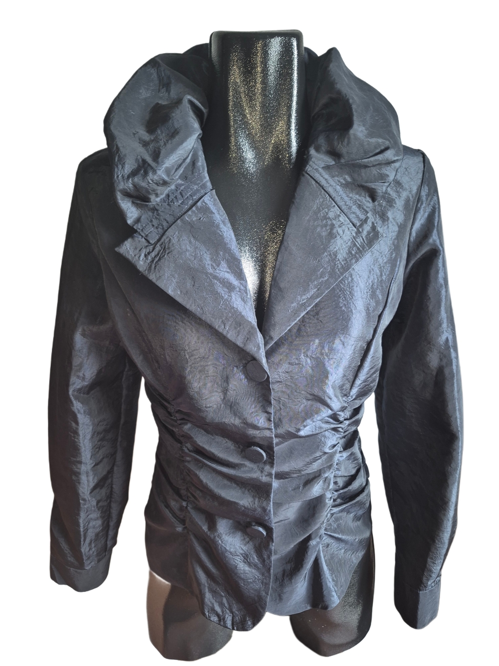 Black Women's Ruched Puffed Collar Button-Front Light Blazer Jacket Size 6 - Picture 2 of 7